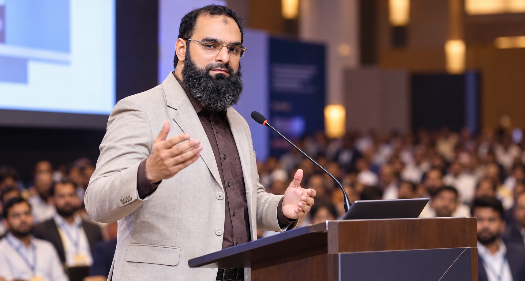 Dr. Kamal Shahid speaking at a conference podium